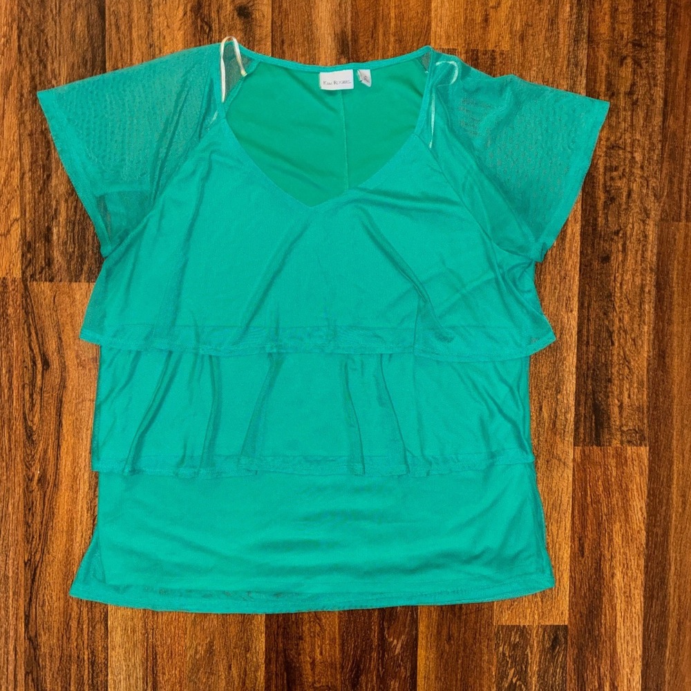 Kim Rogers Womens XL Green Tiered Ruffle Mesh Sleeve V-Neck Blouse Top